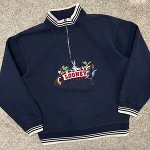 Vintage 1998 Looney‎ Tunes 1/4 Zip Sweatshirt Blue Medium Bugs Marvin Taz 90s